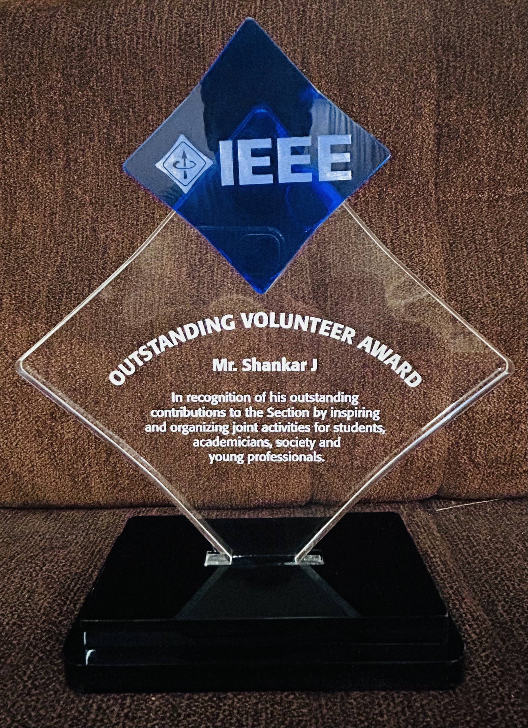 IEEE Kerala Section Outstanding Volunteer Award 2020, presented to Shankar J