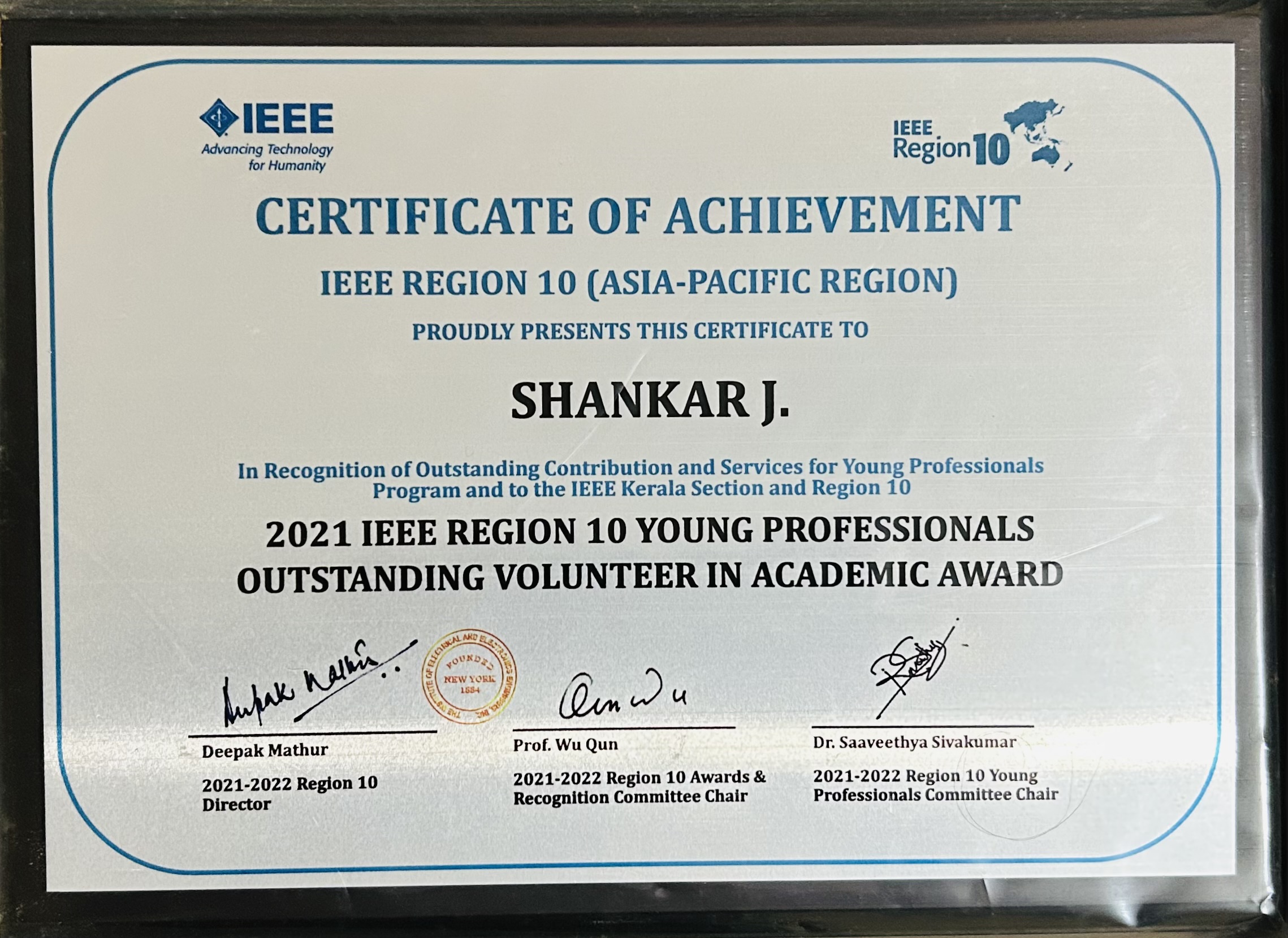 IEEE R10 Young Professionals Outstanding Volunteer in Academic Award 2021, presented to Shankar J