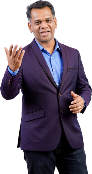 Shankar J mid-gesture with both hands raised, cut out on a transparent background, 1281 by 2400 pixels